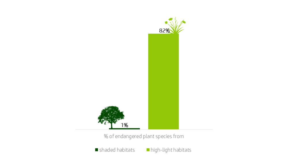 Bar chart showing 1 % of endangered plant species have shaded habitats like forests and 82 % of endangered plants have high-light habitats like grasslands.